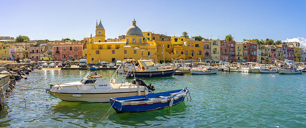 View of Church Madonna delle Grazie in the fishing port Marina Grande with boats, Procida, Phlegraean Islands, Gulf of Naples, Campania, Southern Italy, Italy, Europe