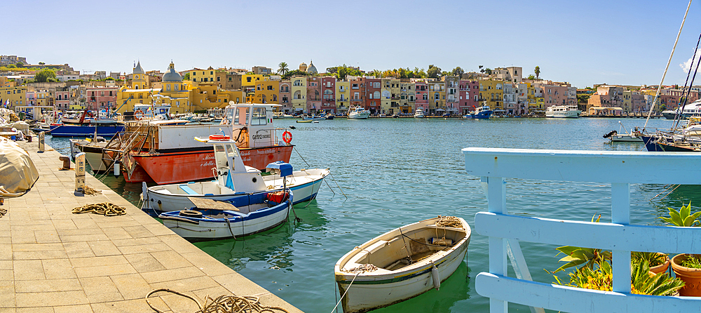 View of Church of Santa Maria della Pieta in the fishing port Marina Grande with boats, Procida, Phlegraean Islands, Gulf of Naples, Campania, Southern Italy, Italy, Europe