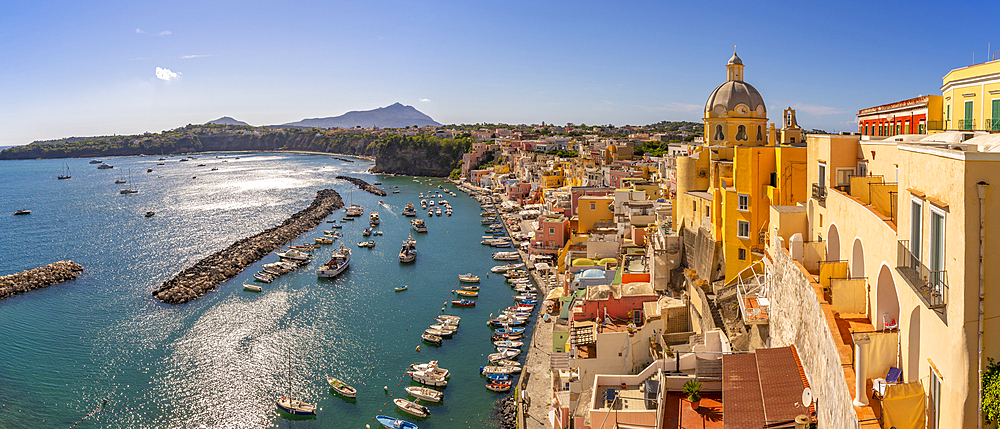 View of Marina di Corricella from Eglise Santa Maria delle Grazie, Procida, Phlegraean Islands, Gulf of Naples, Campania, Southern Italy, Italy, Europe