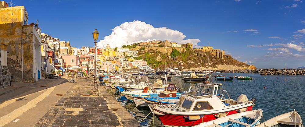 View of fishing boats in Marina di Corricella, Procida, Phlegraean Islands, Gulf of Naples, Campania, Southern Italy, Italy, Europe