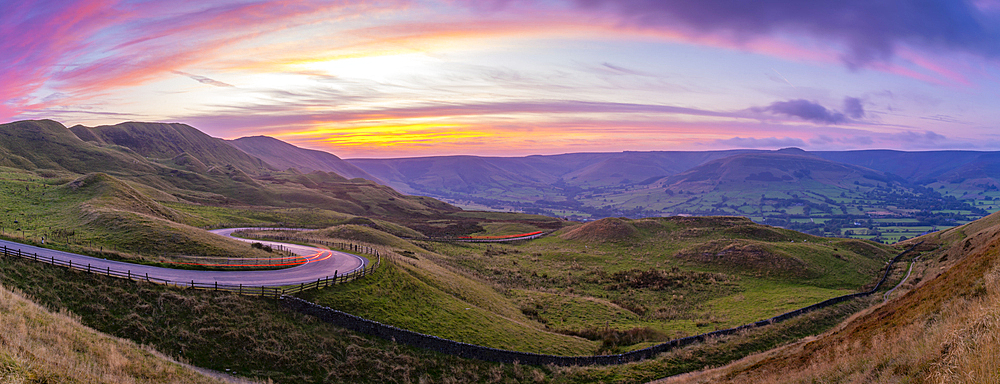 View of landsacpe and trail. lights in the Hope Valley at sunset, Peak District National Park, Baslow, Derbyshire, England, United Kingdom, Europe