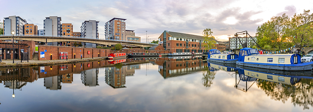 View of canal boats at Victoria Quays at sunset, Sheffield, South Yorkshire, England, United Kingdom, Europe