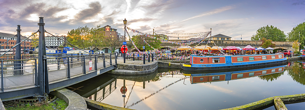 View of canal boats at Victoria Quays at sunset, Sheffield, South Yorkshire, England, United Kingdom, Europe