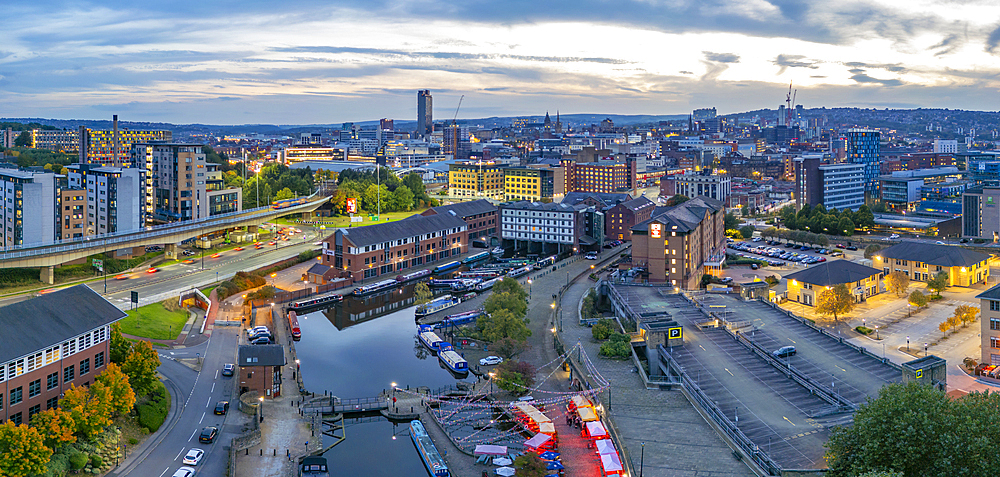 Aerial view of Victoria Quays and Sheffield city skyline at dusk, Sheffield, South Yorkshire, England, United Kingdom, Europe