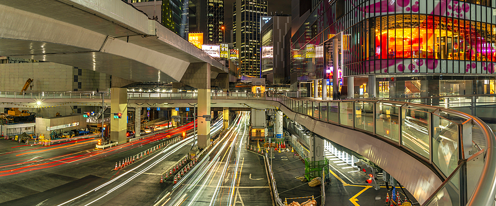 View of buildings and trail lights around Shibuya Station area at night, Shibuya District, Kamiyamacho, Shibuya City, Tokyo, Honshu, Japan