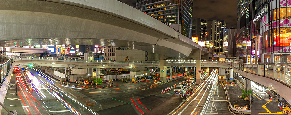 View of buildings and trail lights around Shibuya Station area at night, Shibuya District, Kamiyamacho, Shibuya City, Tokyo, Honshu, Japan