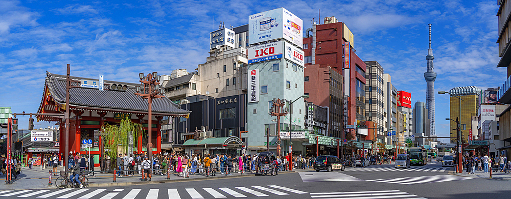 View of Kaminarimon, colourful shops and buildings and Tokyo Skytree, Asakusa, Taito City, Tokyo, Japan, Asia