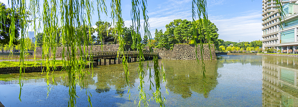 View of reflections in Wadakura Moat on a sunny day, Chiyoda, Tokyo, Honshu, Japan