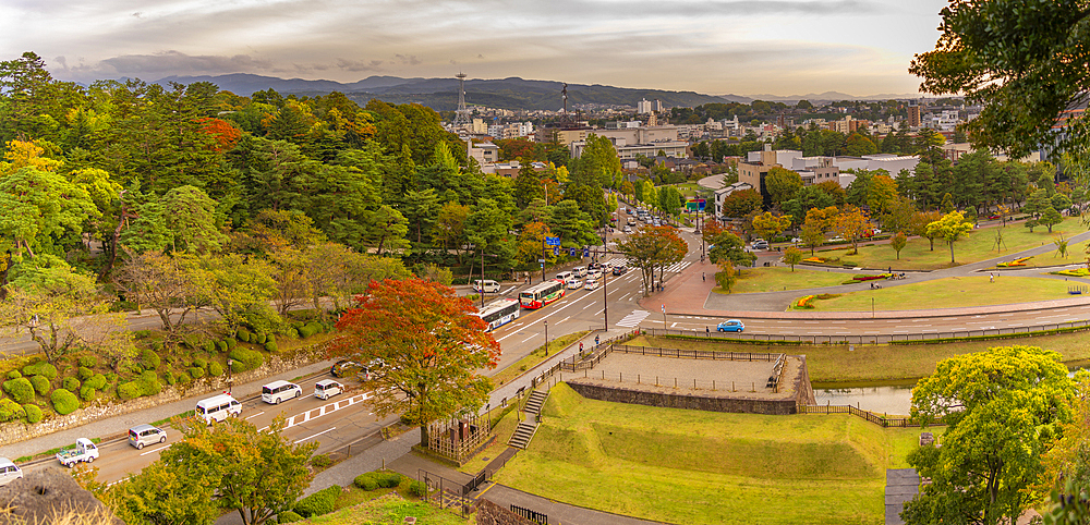 View of Kanazawa from Hommaru-enchi Park at sunset, Kanazawa Castle, Kanazawa City, Ishikawa Prefecture, Honshu, Japan