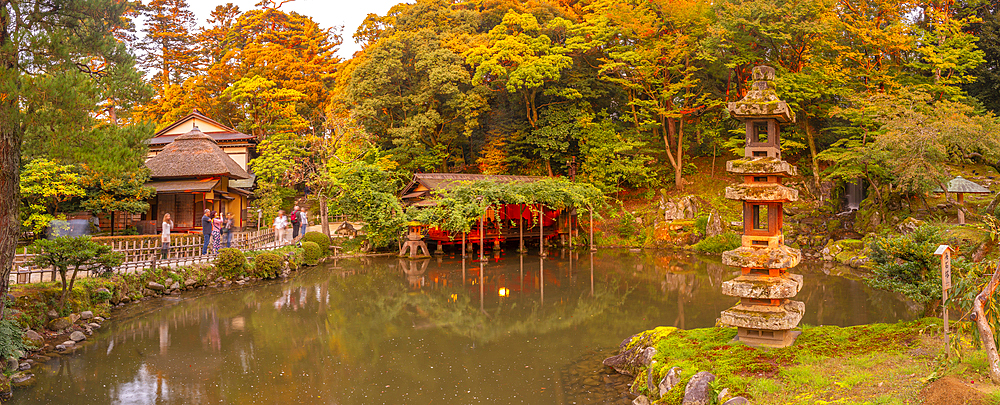 View of Hisago-ike Pond and Kaiseki Pagoda in Kenrokumachi Japanese Garden, Kanazawa City, Ishikawa Prefecture, Honshu, Japan