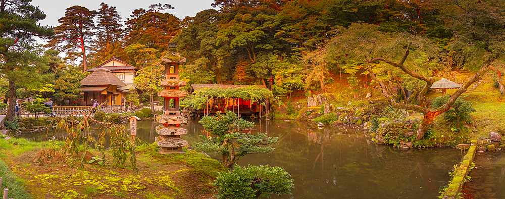 View of Hisago-ike Pond and Kaiseki Pagoda in Kenrokumachi Japanese Garden, Kanazawa City, Ishikawa Prefecture, Honshu, Japan, Asia