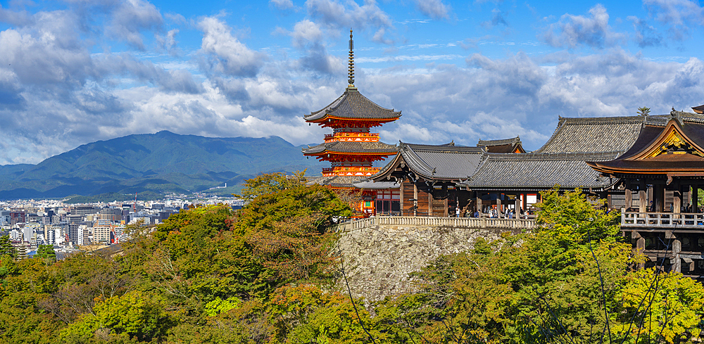 View of Kiyomizu-dera Temple, UNESCO, with city in background, Kiyomizu, Higashiyama Ward, Kyoto, Honshu, Japan