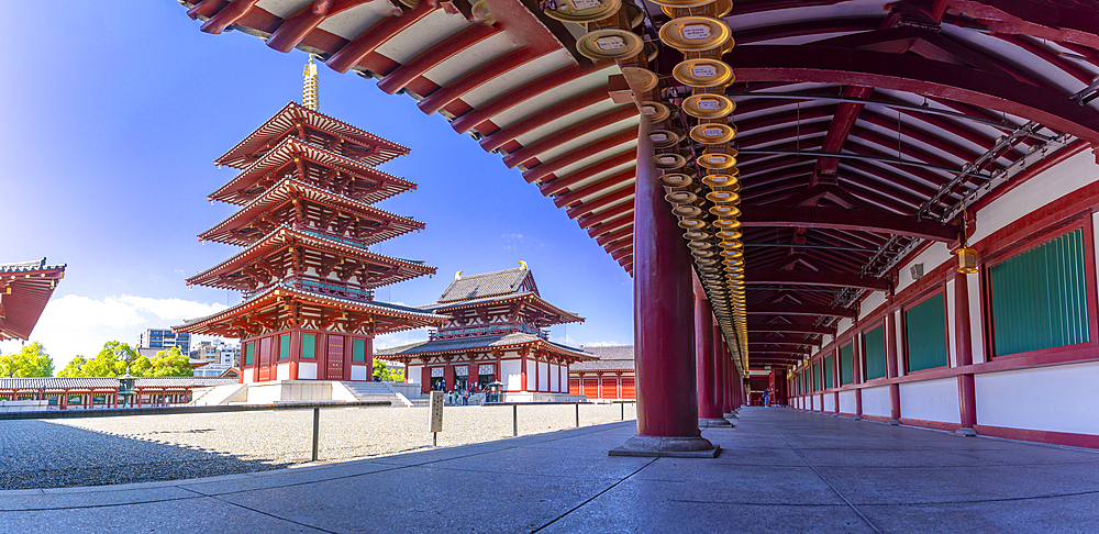 View of Shitenno-ji Gojunoto (Five Story Pagoda) and Shitenno-ji Kondo (Golden Hall) on sunny day, Shitennoji, Tennoji Ward, Osaka, Honshu, Japan