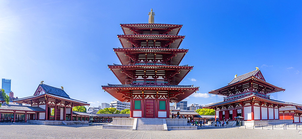 View of Shitenno-ji Gojunoto (Five Story Pagoda) and Shitenno-ji Kondo (Golden Hall) on sunny day, Shitennoji, Tennoji Ward, Osaka, Honshu, Japan