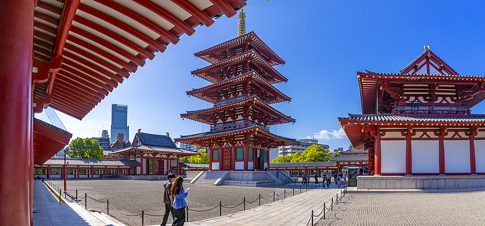 View of Shitenno-ji Gojunoto (Five Story Pagoda) and Shitenno-ji Kondo (Golden Hall) on sunny day, Shitennoji, Tennoji Ward, Osaka, Honshu, Japan