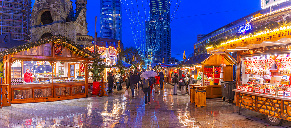 View of Kaiser Wilhelm Memorial Church and market stalls at Christmas, Breitscheidplatz, Berlin, Germany, Europe