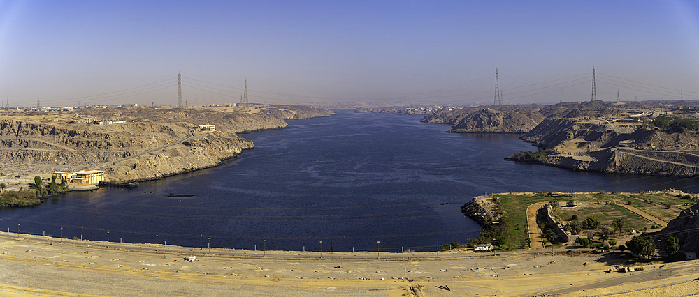 View of Nile River from Aswan High Dam on a sunny day, Aswan, Egypt, Africa