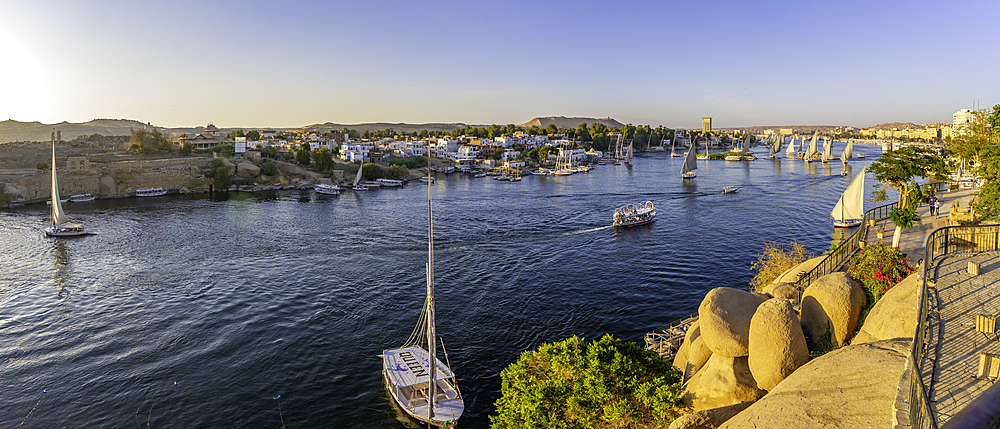 View of fellucas on the Nile river from Feryal Garden during golden hour, Aswan, Nubia, Egypt, North Africa, Africa