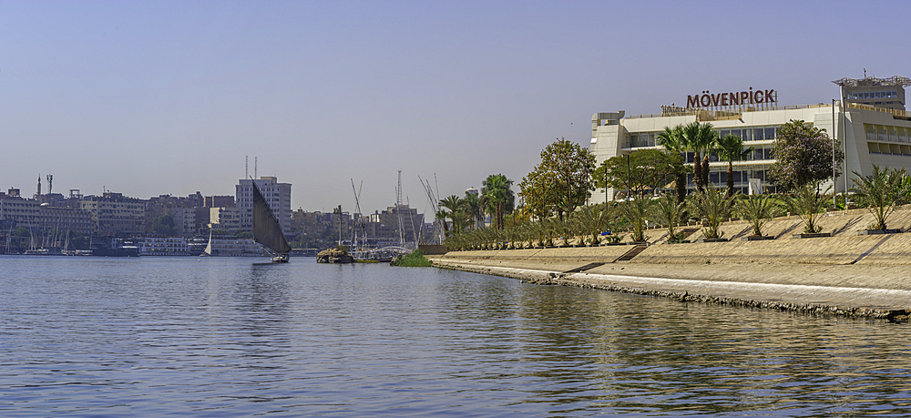 View of the Nile river from small boat in Aswan, Aswan, Nubia, Egypt, North Africa, Africa