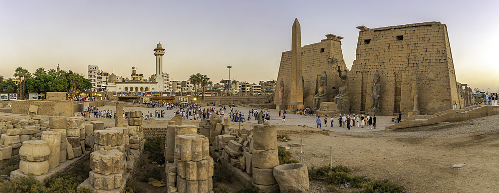 View of Luxor Temple at dusk, Luxor, Egypt, Africa