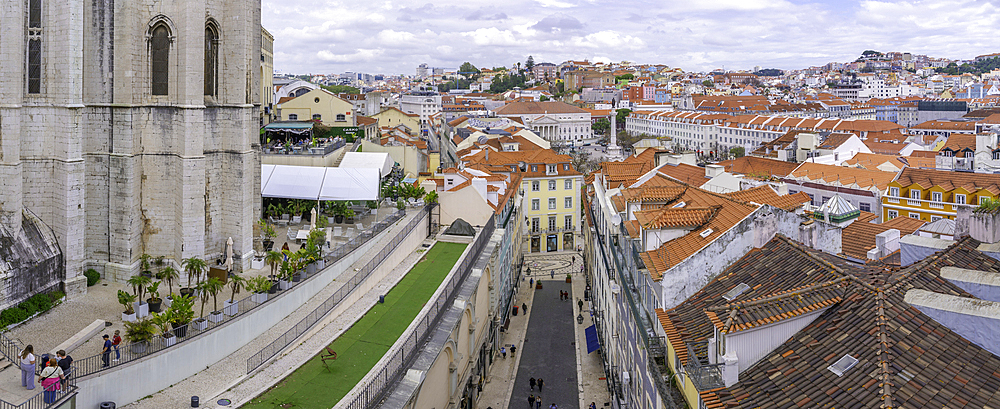 View of city skyline from Santa Justa Lift on a sunny day, Lisbon, Portugal, Europe