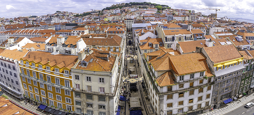 View of city skyline from Santa Justa Lift on a sunny day, Lisbon, Portugal, Europe