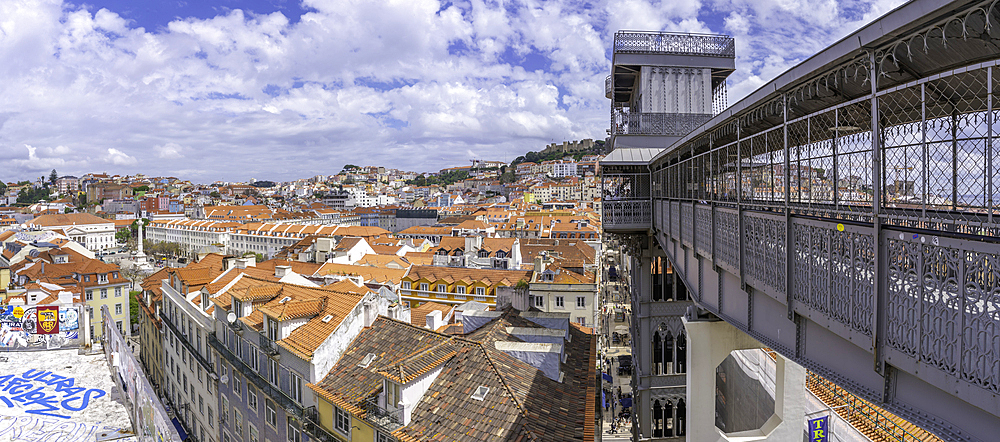 View of city skyline and Santa Justa Lift from Carmo Archaeological Museum on a sunny day, Lisbon, Portugal, Europe