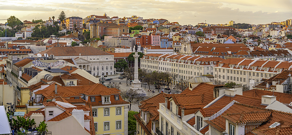 View of city from Carmo Archaeological Museum during golden hour, Lisbon, Portugal, Europe