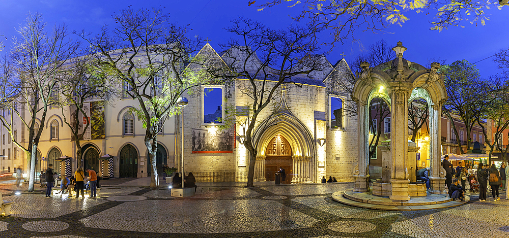 View of Chafariz do Carmo in Largo do Carmo at dusk, Lisbon, Portugal, Europe
