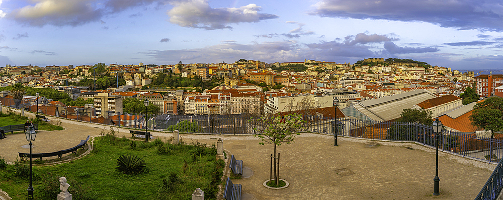 View of Lisbon from Miradouro de Sao Pedro de Alcantara at sunset, Lisbon, Portugal, Europe
