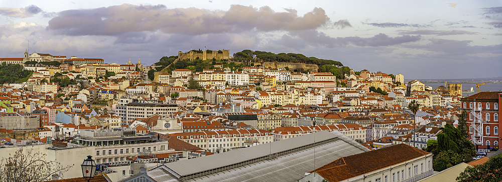 View of Lisbon from Miradouro de Sao Pedro de Alcantara at sunset, Lisbon, Portugal, Europe