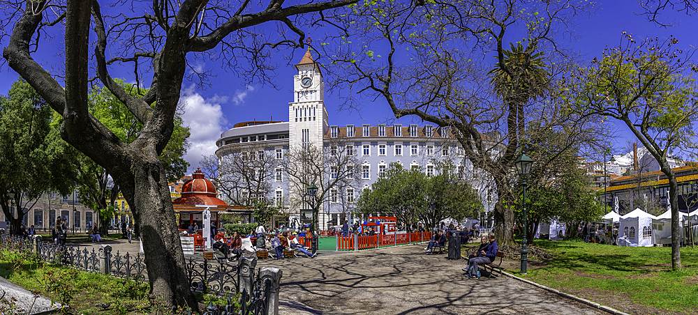 View of market stalls in Jardim Dom Luis Gardens on a sunny day, Lisbon, Portugal, Europe
