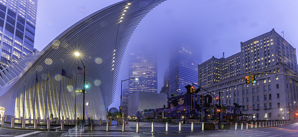 View of exterior of the Oculus transportation hub at the World Trade Center at dusk in Lower Manhattan, New York City, United States of America, North America