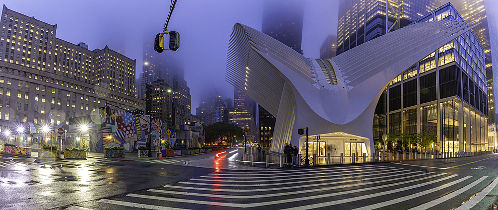 View of exterior of the Oculus transportation hub at the World Trade Center at dusk in Lower Manhattan, New York City, United States of America, North America