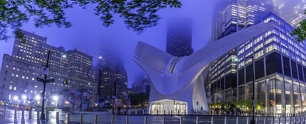 View of exterior of the Oculus transportation hub at the World Trade Center at dusk in Lower Manhattan, New York City, United States of America, North America