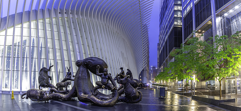 View of exterior of the Oculus transportation hub at the World Trade Center at dusk in Lower Manhattan, New York City, United States of America, North America