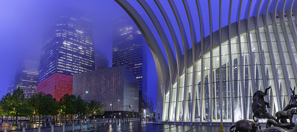 View of exterior of the Oculus transportation hub at the World Trade Center at dusk in Lower Manhattan, New York City, United States of America, North America