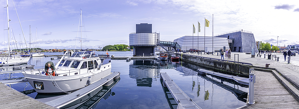 View of Norwegian Petroleum Museum and Stavanger Marina boats during daytime, Stavanger, Norway