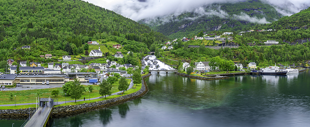 Aerial view of Hellesylt, Sunnylvsfjorden, Stranda Municipality, Norway, Scandinavia, Europe