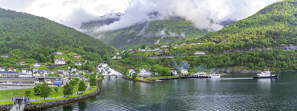 Aerial view of Hellesylt, Sunnylvsfjorden, Stranda Municipality, Norway, Scandinavia, Europe