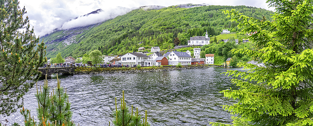 View of Sunnylven church and colourful houses in Hellesylt, Sunnylvsfjorden, Stranda Municipality, Norway, Scandinavia, Europe