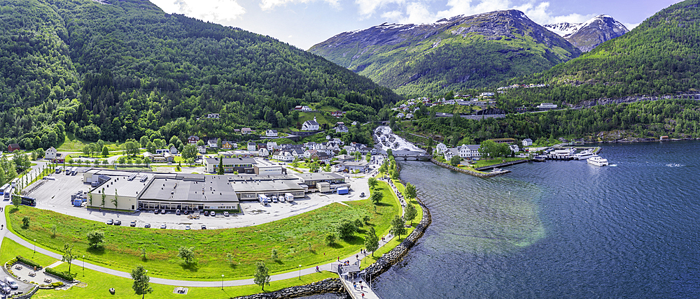 Aerial view of Hellesylt on a sunny day, Stranda Municipality, Norway, Scandinavia, Europe
