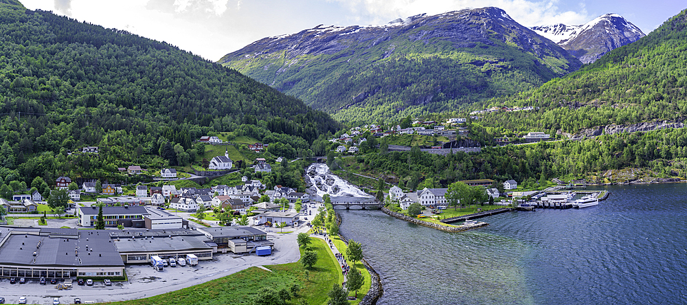 Aerial view of Hellesylt on a sunny day, Stranda Municipality, Norway, Scandinavia, Europe