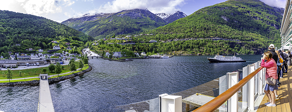 View of Hellesylt from cruise ship in Hellesylt, Stranda Municipality, Norway, Scandinavia, Europe