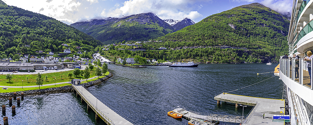 View of Hellesylt from cruise ship in Hellesylt, Stranda Municipality, Norway, Scandinavia, Europe