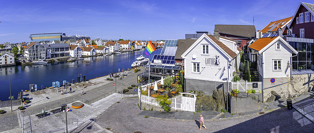 View of waterside restaurant in Haugesund from Risøy Bridge on a sunny day, Haugesund, Rogaland County, Norway, Scandinavia, Europe