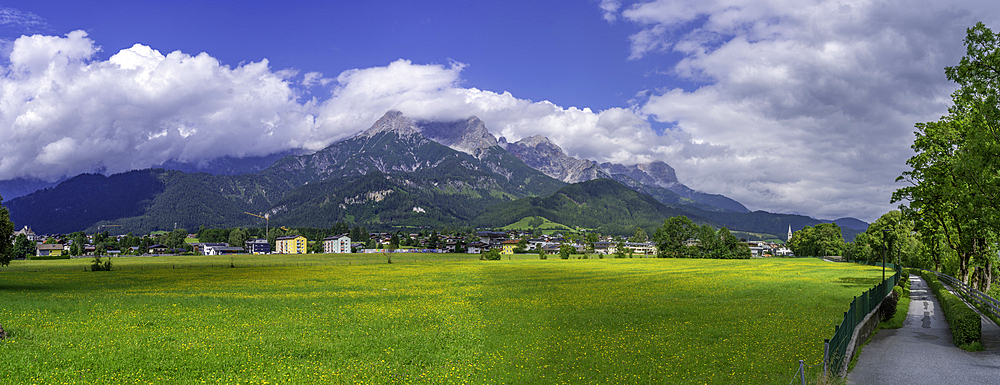 View of landscape near Saalfelden on a sunny day, Zell am See, Salzburg, Austria, Europe