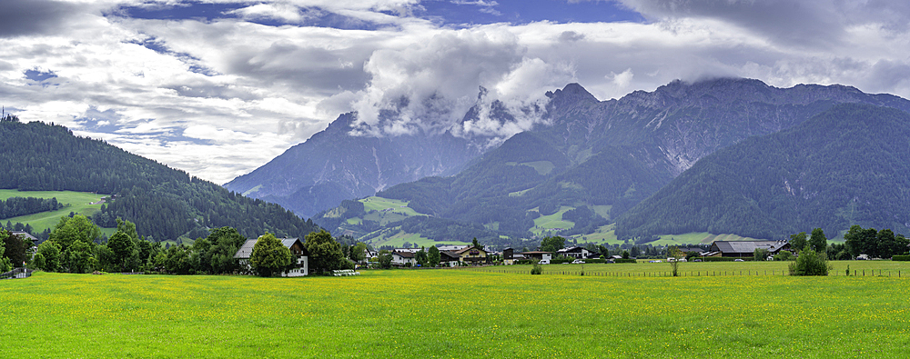 View of landscape near Saalfelden on a sunny day, Zell am See, Salzburg, Austria, Europe