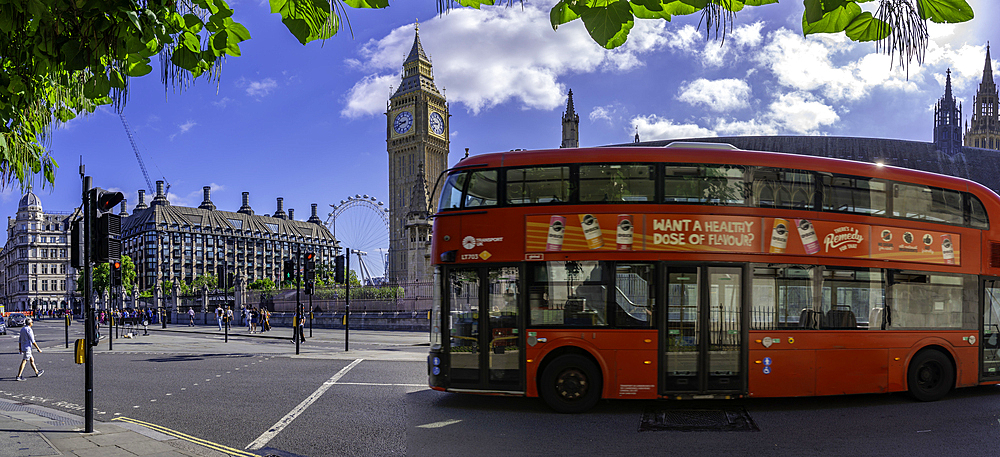 View of Big Ben clock tower and red bus in Parliament Square during summer, Westminster, London, England, United Kingdom, Europe