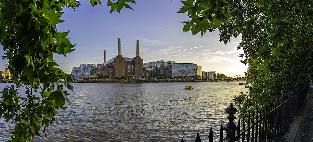 View of Battersea Power Station and river Thames during summer, Nine Elms, London, England, United Kingdom, Europe